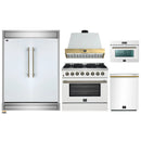 Forno 5-Piece Appliance Package - 36-Inch Dual Fuel Range, Wall Mount Range Hood, 60-Inch Refrigerator, Dishwasher, & 24-Inch Microwave Oven in White with Antique Brass Handle