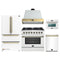 Forno Galiano 5-Piece Appliance Package - 36-Inch Dual Fuel Range, 36-Inch Hood, 36-Inch Refrigerator, 24-Inch Dishwasher, & 24-Inch Microwave Oven in White with Antique Brass Trim