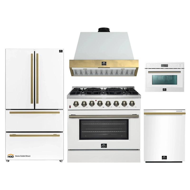 Forno Galiano 5-Piece Appliance Package - 36-Inch Dual Fuel Range, 36-Inch Hood, 36-Inch Refrigerator, 24-Inch Dishwasher, & 24-Inch Microwave Oven in White with Antique Brass Trim