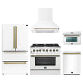 Forno Galiano 5-Piece Appliance Package - 36-Inch Dual Fuel Range, 36-Inch Hood, 36-Inch Refrigerator, 24-Inch Dishwasher, & 24-Inch Microwave Oven in White with Antique Brass Trim