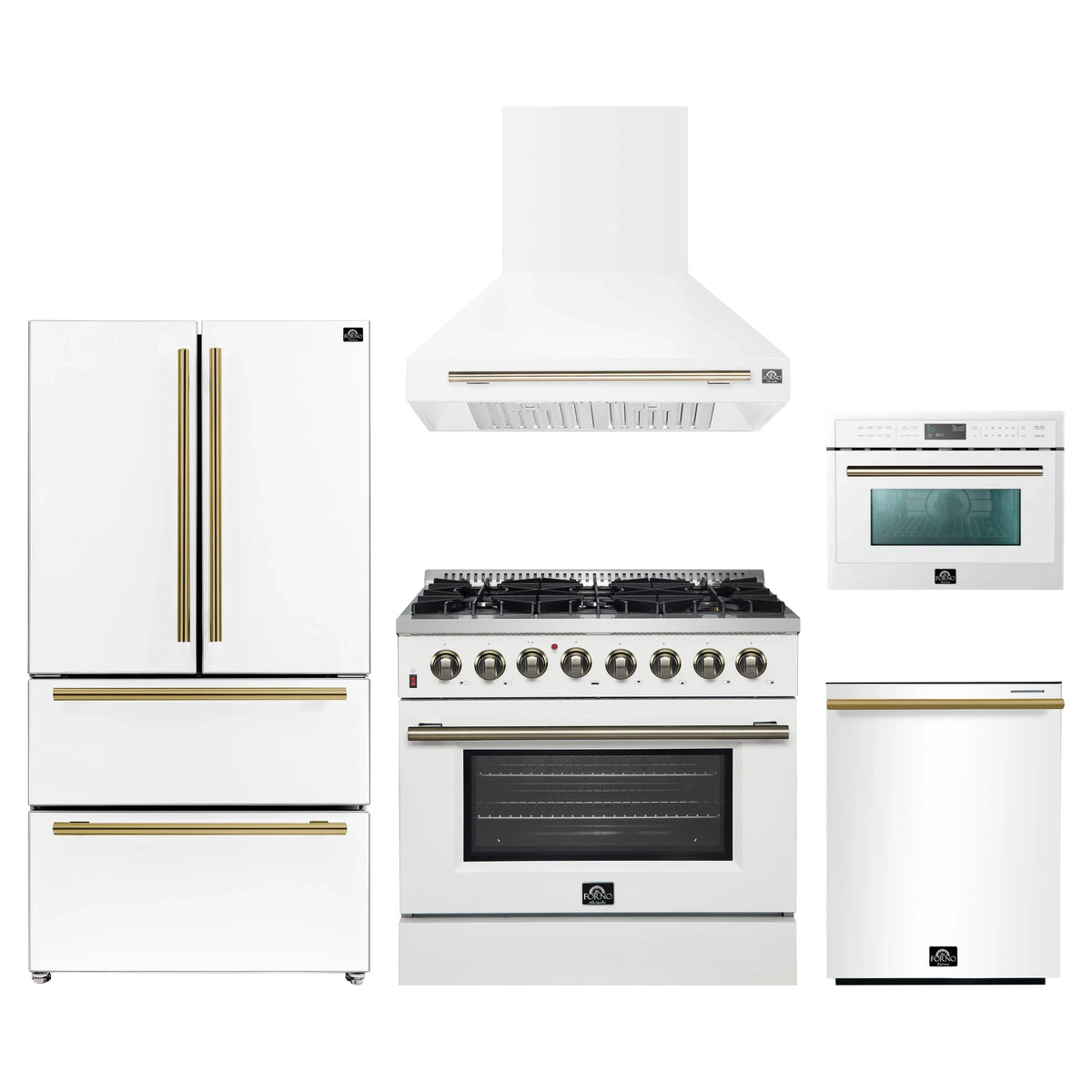Forno Galiano 5-Piece Appliance Package - 36-Inch Dual Fuel Range, 36-Inch Hood, 36-Inch Refrigerator, 24-Inch Dishwasher, & 24-Inch Microwave Oven in White with Antique Brass Trim