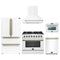 Forno Galiano 5-Piece Appliance Package - 36-Inch Dual Fuel Range, 36-Inch Hood, 36-Inch Refrigerator, 24-Inch Dishwasher, & 24-Inch Microwave Oven in White with Antique Brass Trim