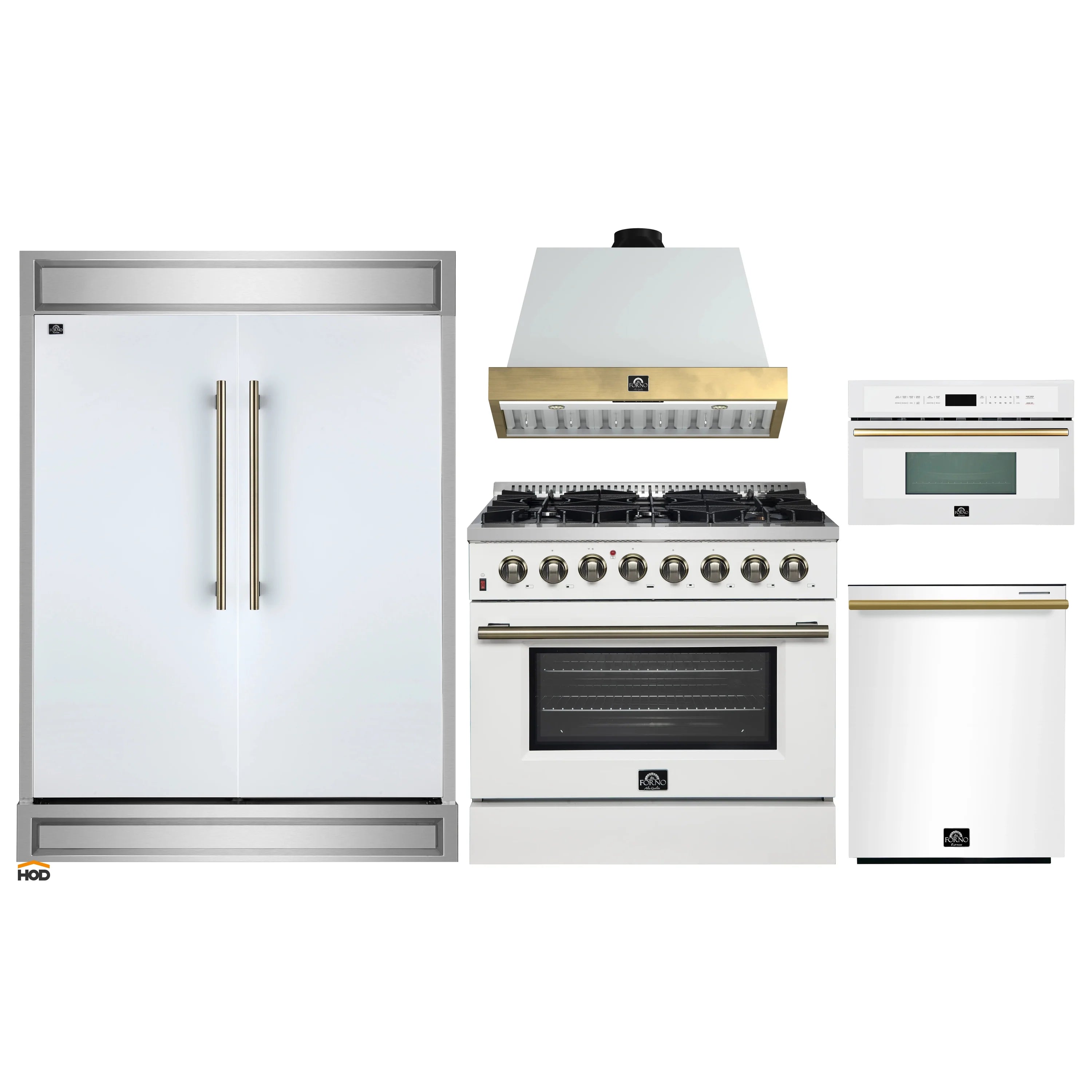 White kitchen appliance set featuring dual fuel range, hood, and refrigerator