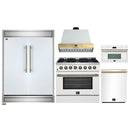 Forno 5-Piece Appliance Package - 36-Inch Dual Fuel Range, Wall Mount Range Hood, 60-Inch Refrigerator, Dishwasher, & 30-Inch Microwave Oven in White with Antique Brass Handle