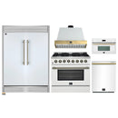 Forno 5-Piece Appliance Package - 36-Inch Galiano Dual Fuel Range, Wall Mount Range Hood, 60-Inch Refrigerator, Dishwasher, & 30-Inch Microwave Oven in White with Antique Brass Handle
