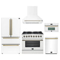 Forno Galiano 5-Piece Appliance Package - 36-Inch Dual Fuel Range, 36-Inch Hood, 36-Inch Refrigerator, 24-Inch Dishwasher, & 30-Inch Microwave Oven in White with Antique Brass Trim