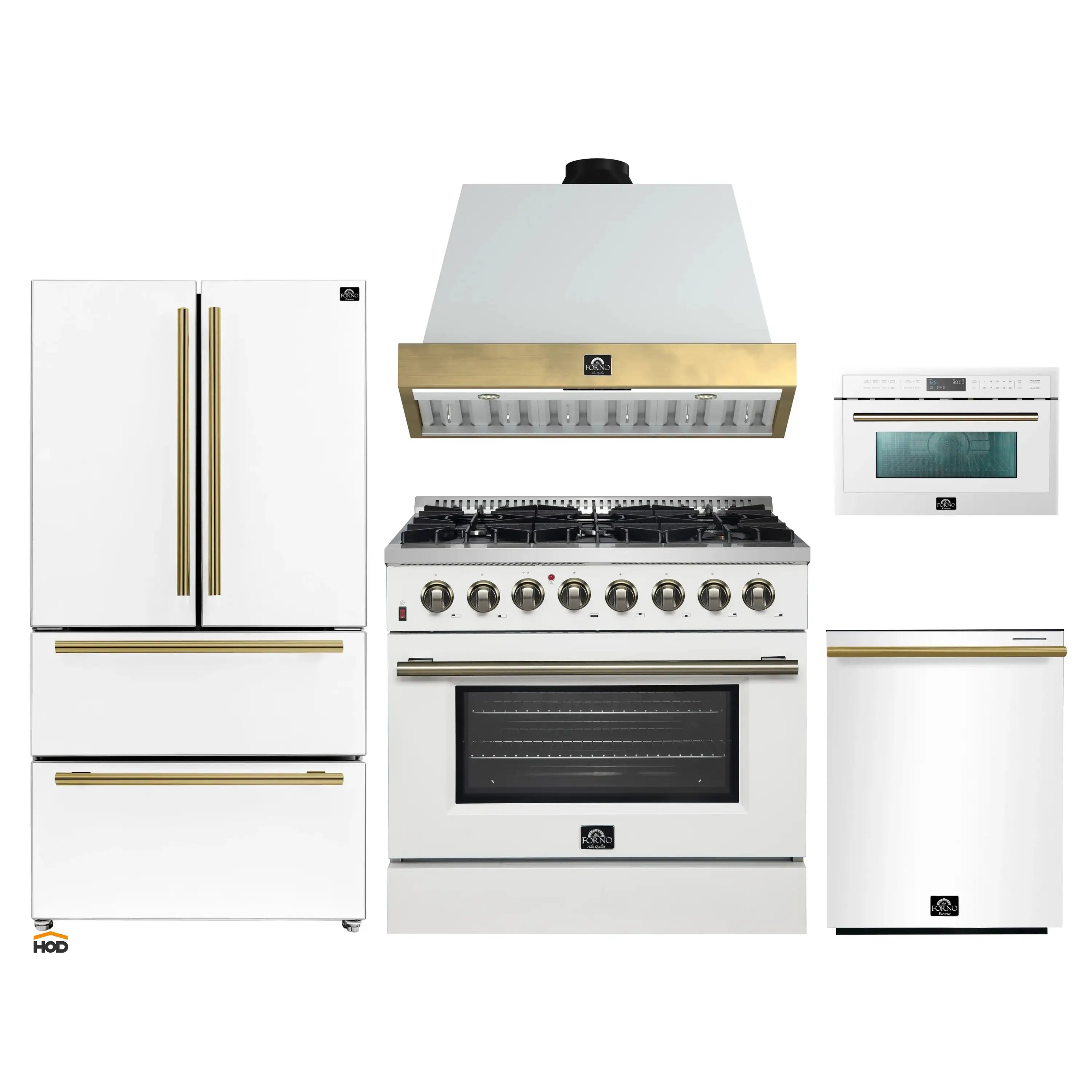 White appliance package with brass-trim range hood, dual fuel range, microwave, and refrigerator