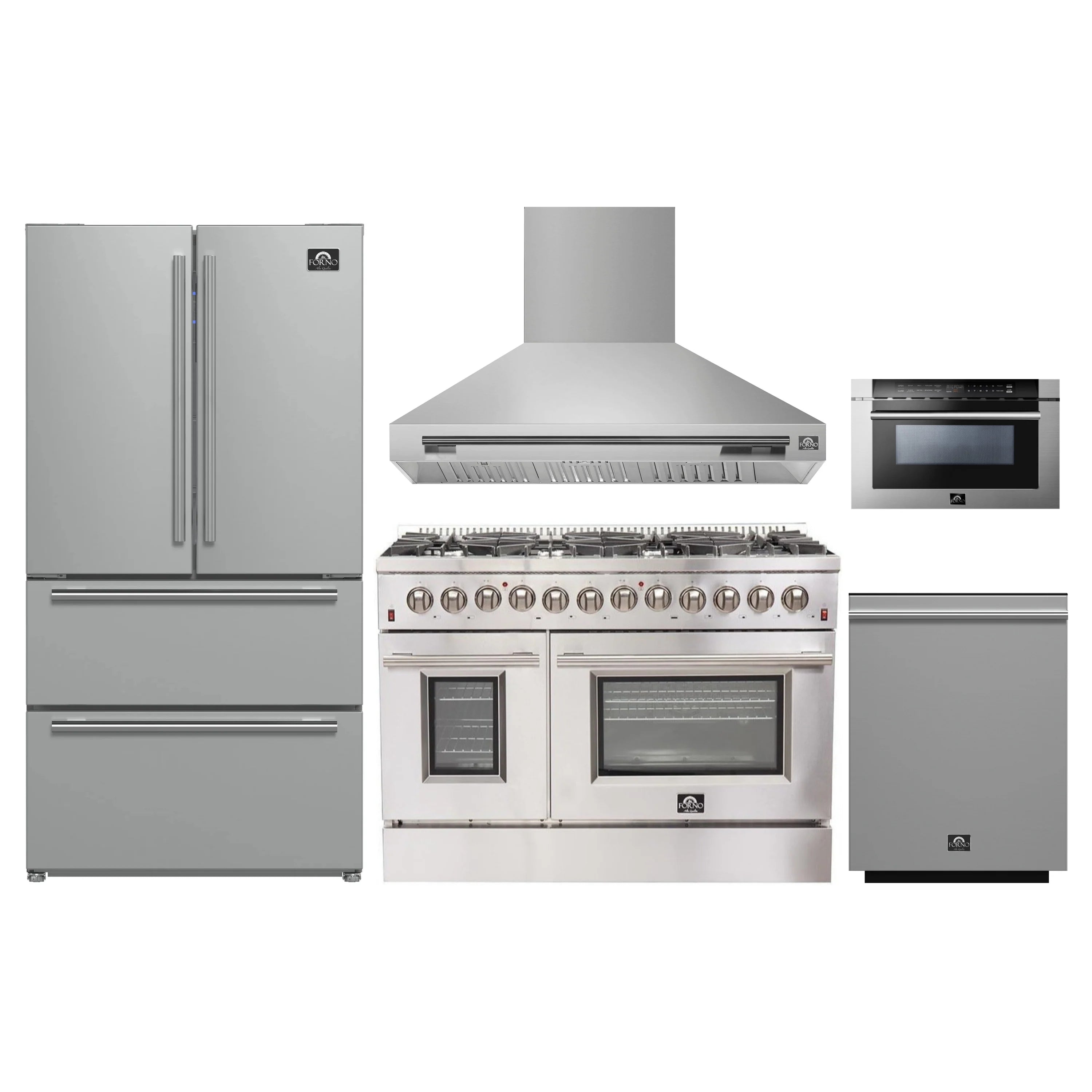 Stainless steel appliance set with range hood, range, microwave, dishwasher, and refrigerator