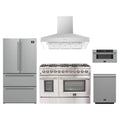 Forno 5-Piece Appliance Package - 48-Inch Dual Fuel Range, Wall Mount Range Hood, 36-Inch Refrigerator, Dishwasher, and 30-Inch Microwave Drawer in Stainless Steel
