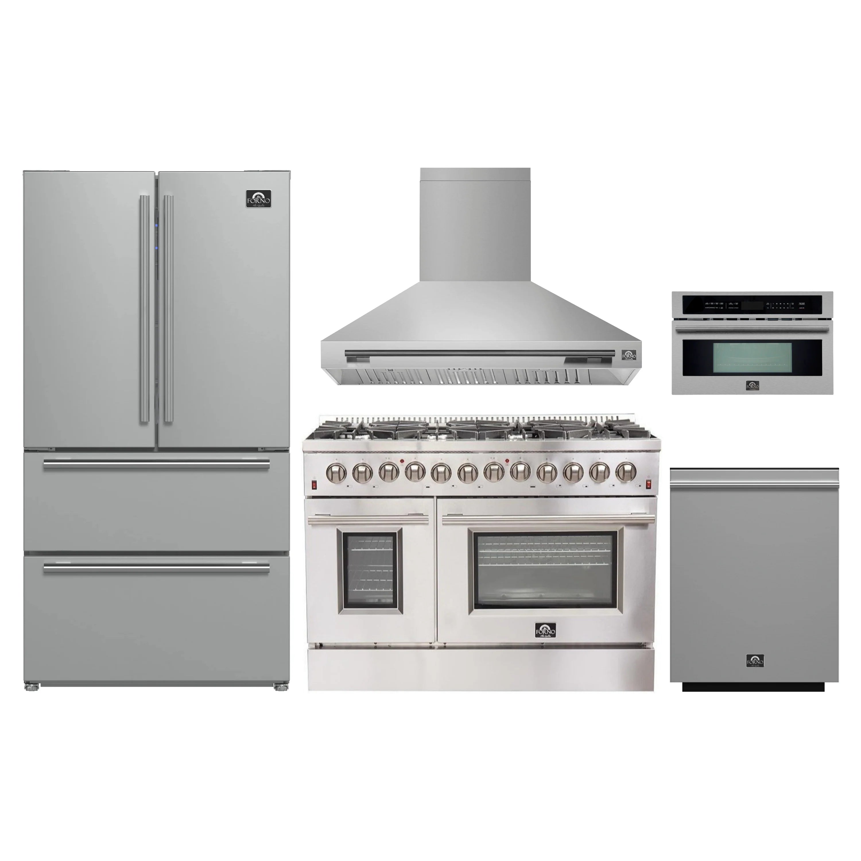 Stainless 5-piece kitchen appliance set with refrigerator, hood, range, and microwave