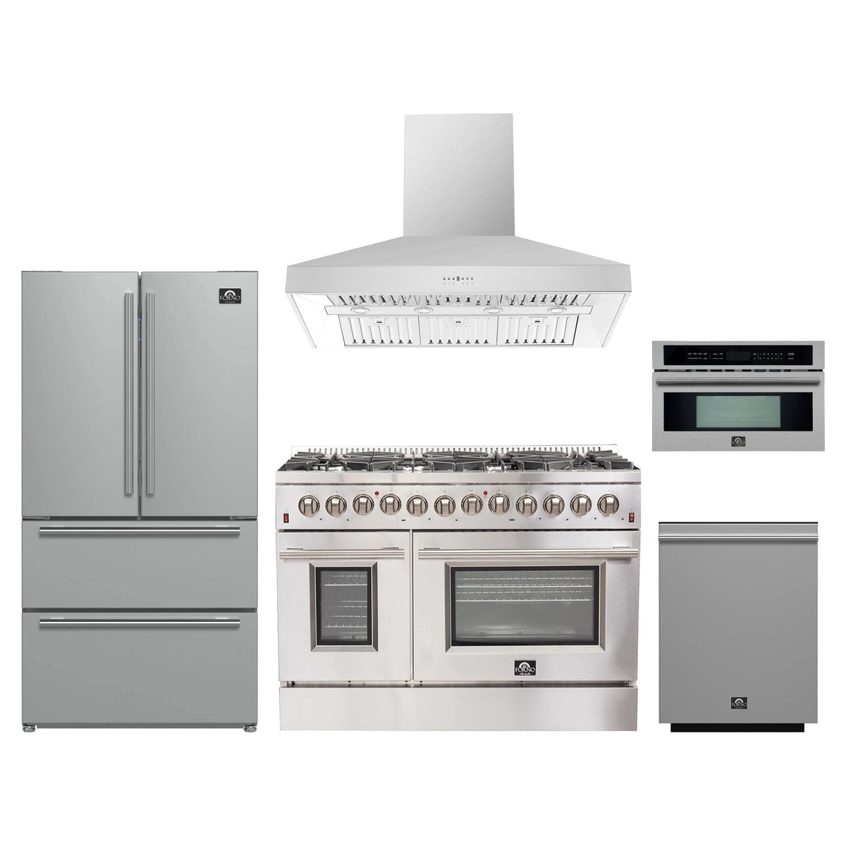 Forno 5-Piece Appliance Package - 48-Inch Dual Fuel Range, Wall Mount Range Hood, 36-Inch Refrigerator, Dishwasher, and 30-Inch Microwave Oven in Stainless Steel