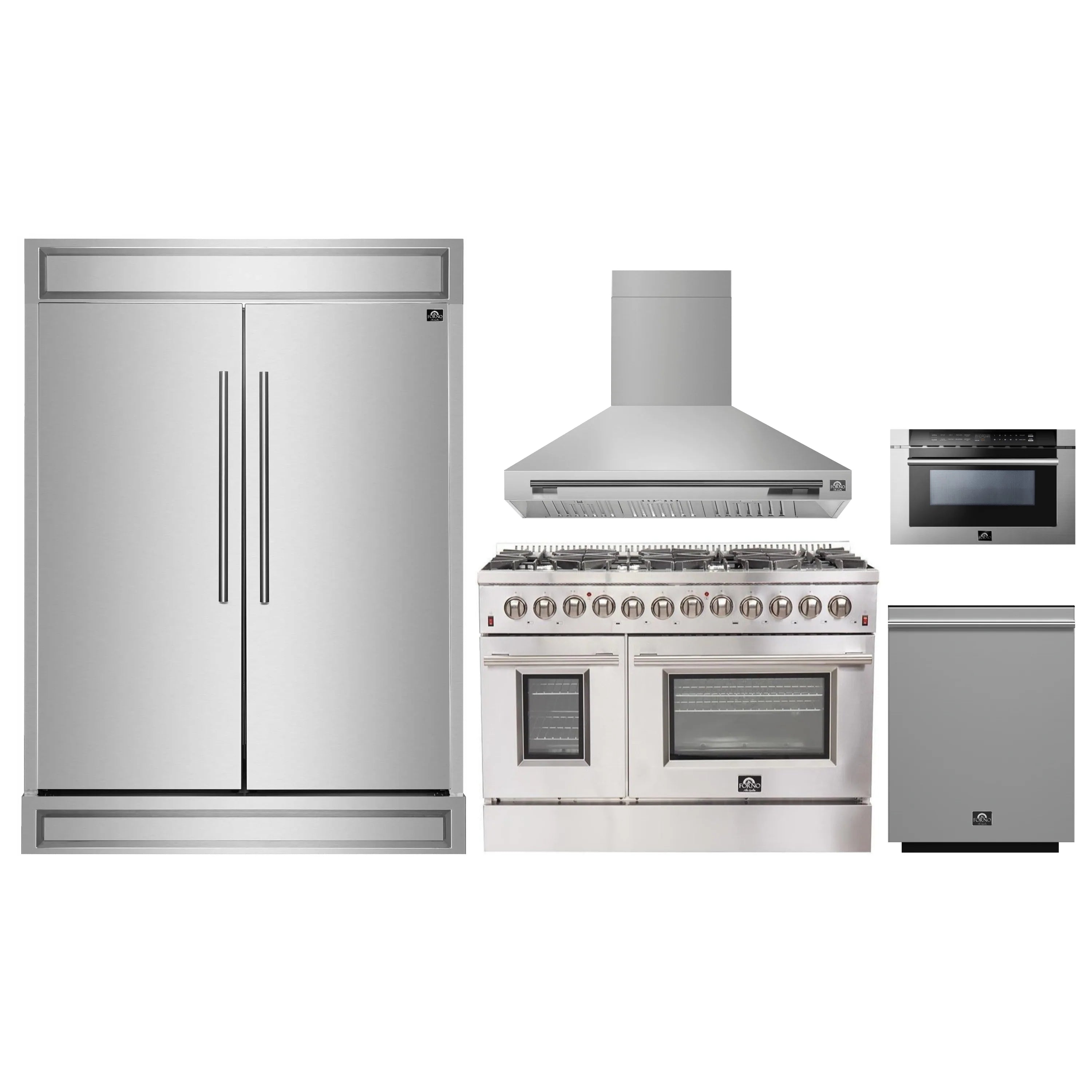 Stainless steel kitchen appliance set with refrigerator, range hood, and range