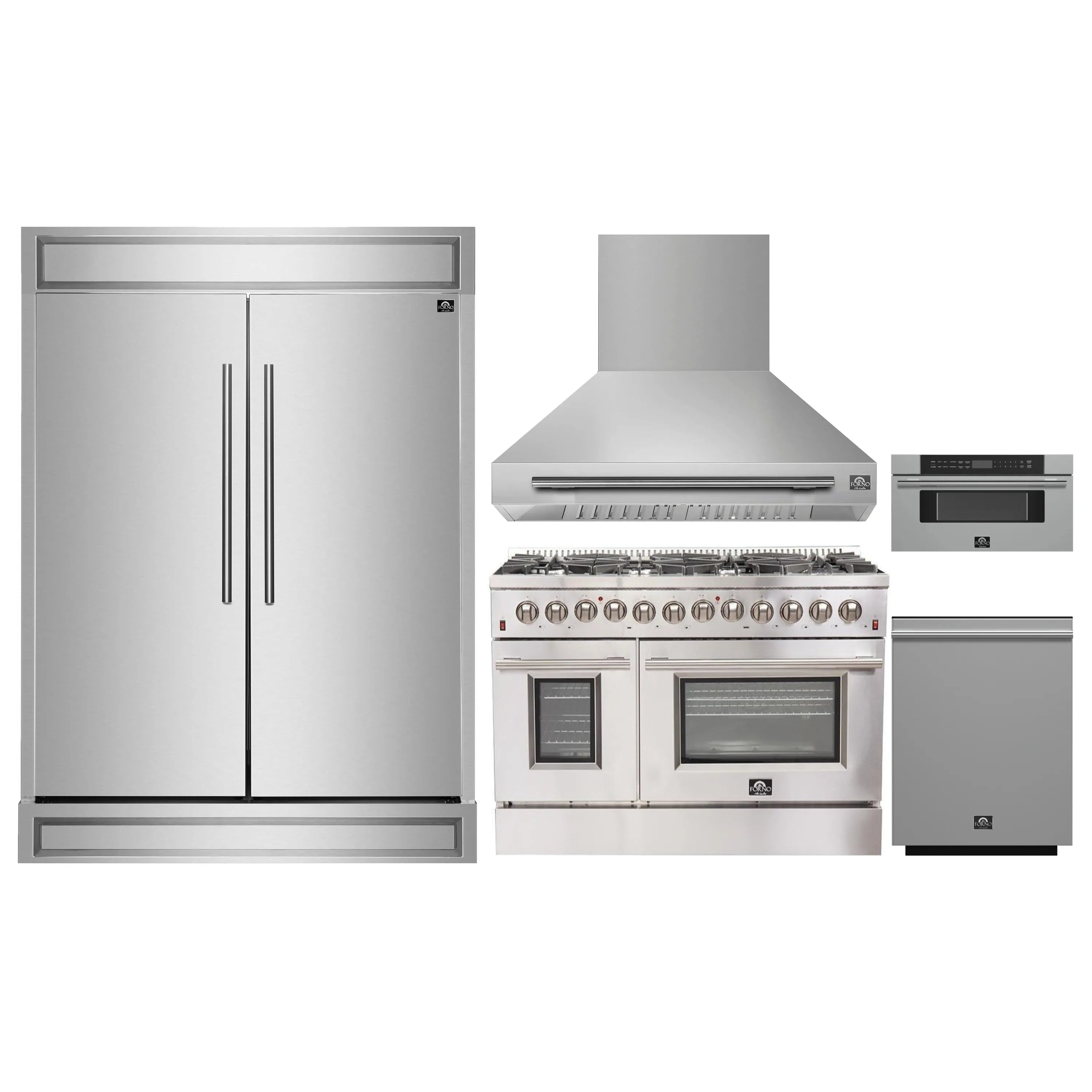 Stainless steel kitchen appliances set: refrigerator, range, hood, microwave and dishwasher