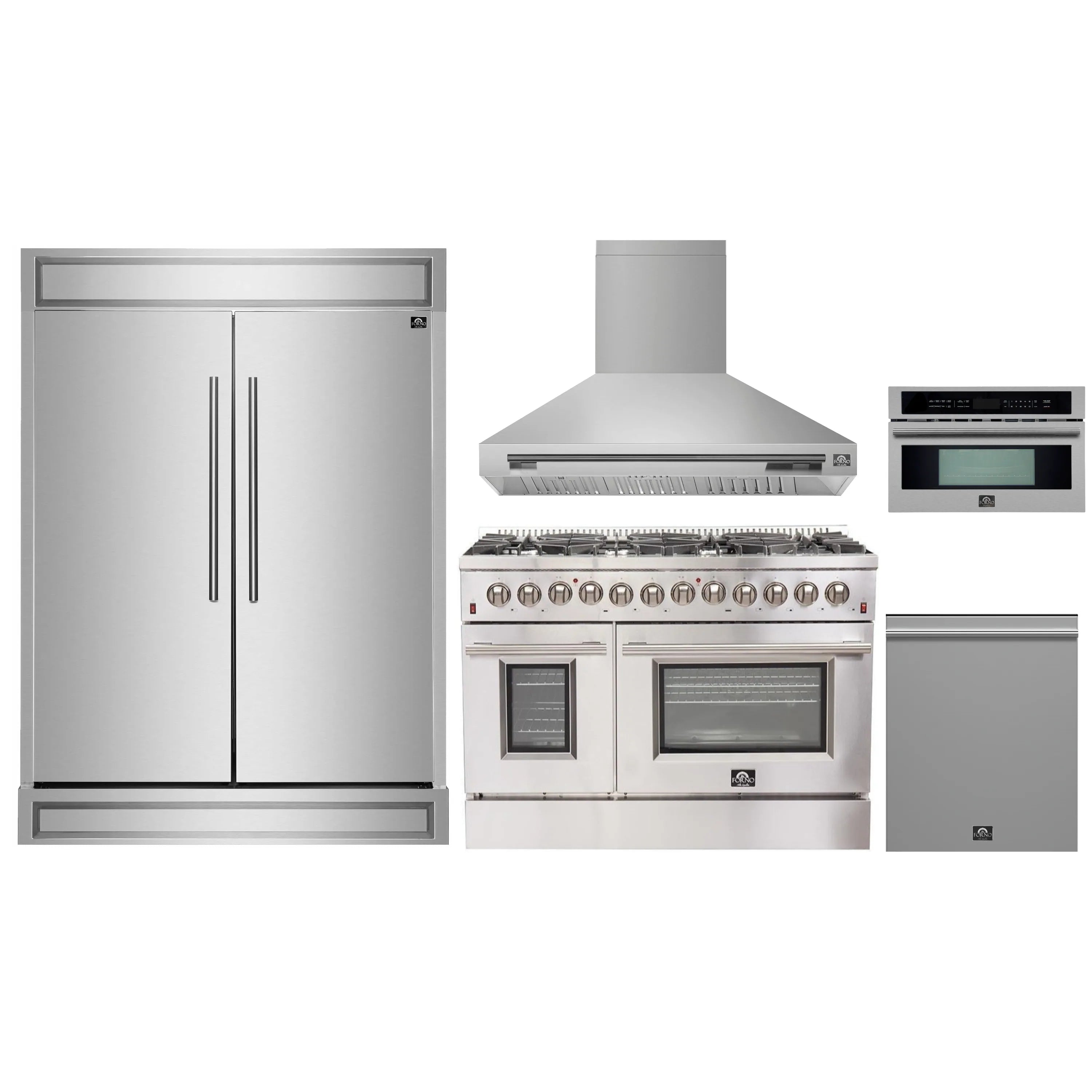 Stainless steel 5-piece appliance package set with range, hood, microwave, dishwasher, and refrigerator