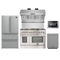 Forno 5-Piece Appliance Package - 48-Inch Galiano Dual Fuel Range, Refrigerator, Wall Mount Hood with Backsplash, 24-Inch Microwave Drawer, & 3-Rack Dishwasher in Stainless Steel