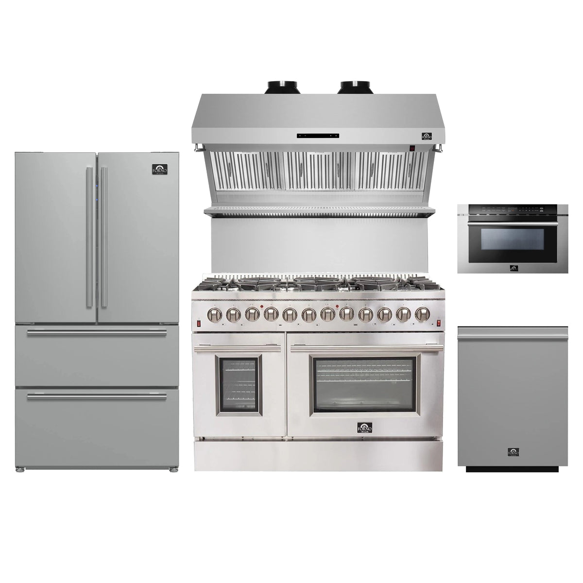 Forno 5-Piece Appliance Package - 48-Inch Dual Fuel Range, Refrigerator, Wall Mount Hood with Backsplash, 24-Inch Microwave Drawer, & 3-Rack Dishwasher in Stainless Steel