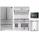 Forno 5-Piece Appliance Package - 48-Inch Dual Fuel Range, Refrigerator, Wall Mount Hood with Backsplash, 24-Inch Microwave Oven, & 3-Rack Dishwasher in Stainless Steel