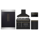 Forno 5-Piece Appliance Package - 48-Inch Dual Fuel Range, Wall Mount Range Hood, 60-Inch Refrigerator, Dishwasher, and 24-Inch Microwave Drawer in Black with Antique Brass Handle