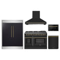 Forno 5-Piece Appliance Package - 48-Inch Dual Fuel Range, Wall Mount Range Hood, 60-Inch Refrigerator, Dishwasher, and 24-Inch Microwave Drawer in Black with Antique Brass Trim