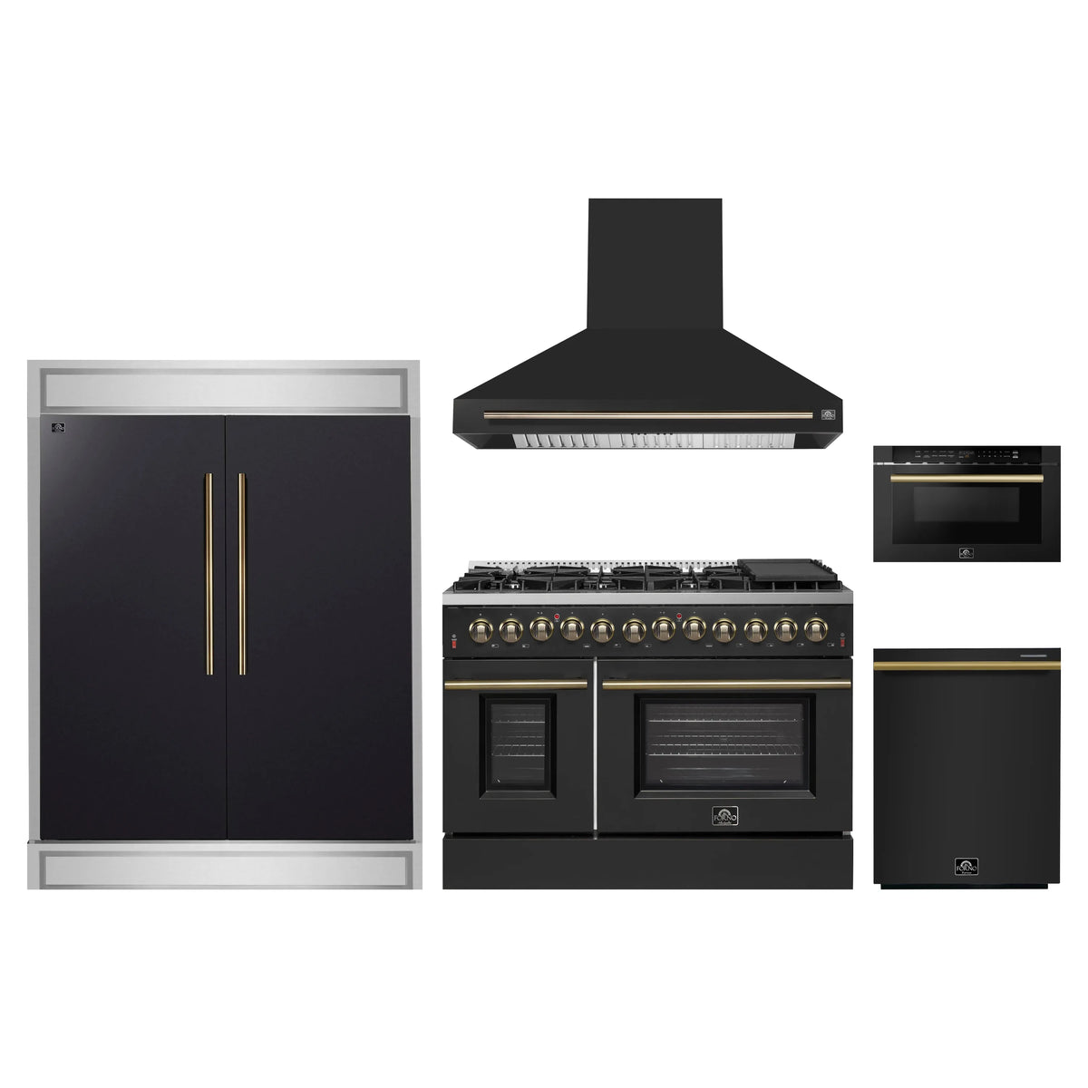 Forno 5-Piece Appliance Package - 48-Inch Dual Fuel Range, Wall Mount Range Hood, 60-Inch Refrigerator, Dishwasher, and 24-Inch Microwave Drawer in Black with Antique Brass Trim