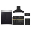 Forno 5-Piece Appliance Package - 48-Inch Dual Fuel Range, Wall Mount Range Hood, 60-Inch Refrigerator, Dishwasher, and 30-Inch Microwave Drawer in Black with Antique Brass Trim