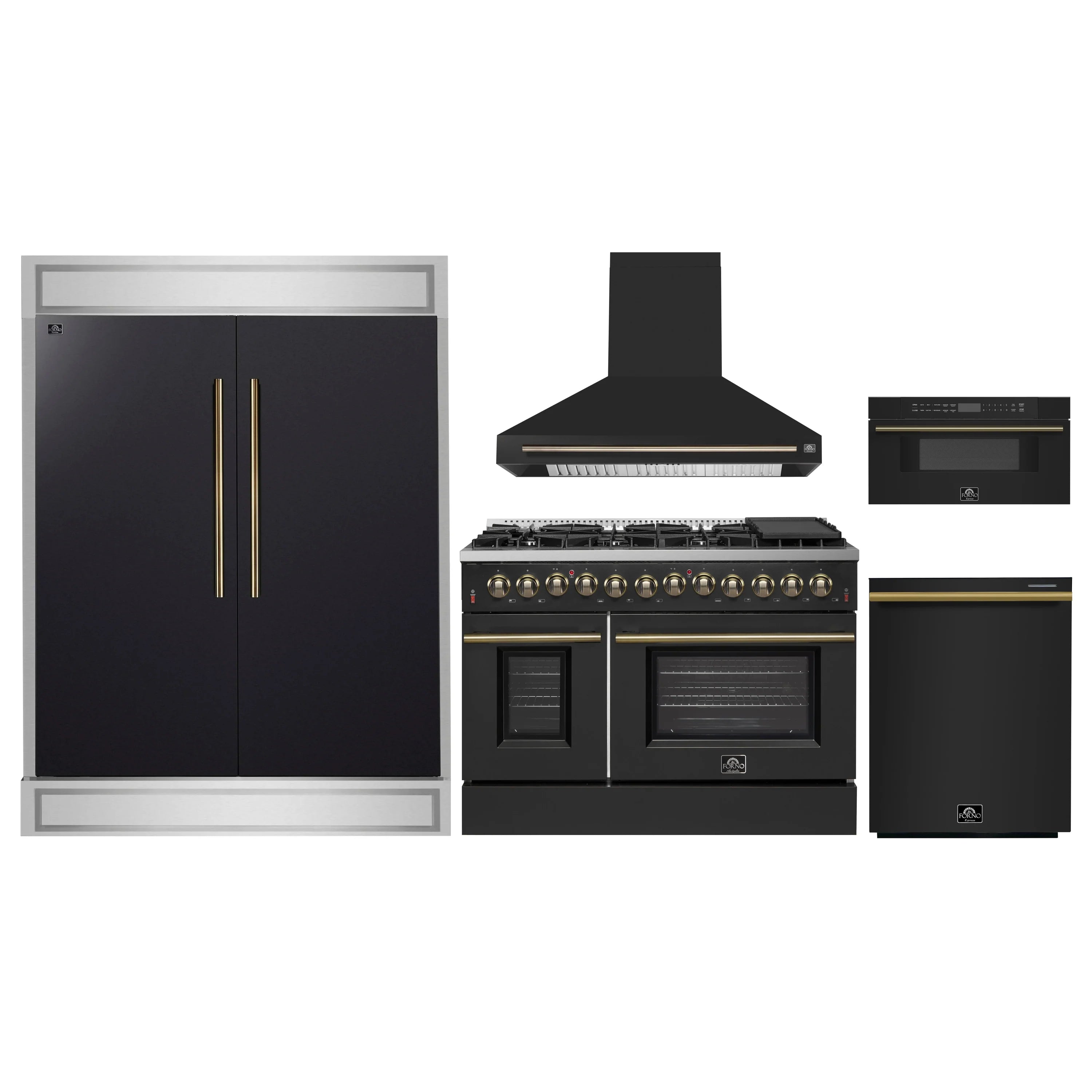 Kitchen appliance package with black refrigerator, gas range, hood, and microwave
