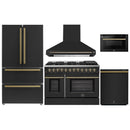 Forno 5-Piece Appliance Package - 48-Inch Dual Fuel Range, Wall Mount Range Hood, 36-Inch Refrigerator, Dishwasher, and 24-Inch Microwave Drawer in Black with Antique Brass Handle