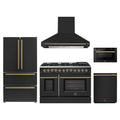 Forno 5-Piece Appliance Package - 48-Inch Dual Fuel Range, Wall Mount Range Hood, 36-Inch Refrigerator, Dishwasher, and 24-Inch Microwave Drawer in Black with Antique Brass Trim