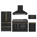 Forno 5-Piece Appliance Package - 48-Inch Dual Fuel Range, Wall Mount Range Hood, 36-Inch Refrigerator, Dishwasher, and 30-Inch Microwave Drawer in Black with Antique Brass Trim