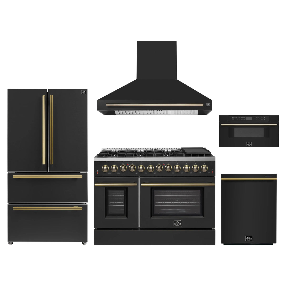 Forno 5-Piece Appliance Package - 48-Inch Dual Fuel Range, Wall Mount Range Hood, 36-Inch Refrigerator, Dishwasher, and 30-Inch Microwave Drawer in Black with Antique Brass Trim
