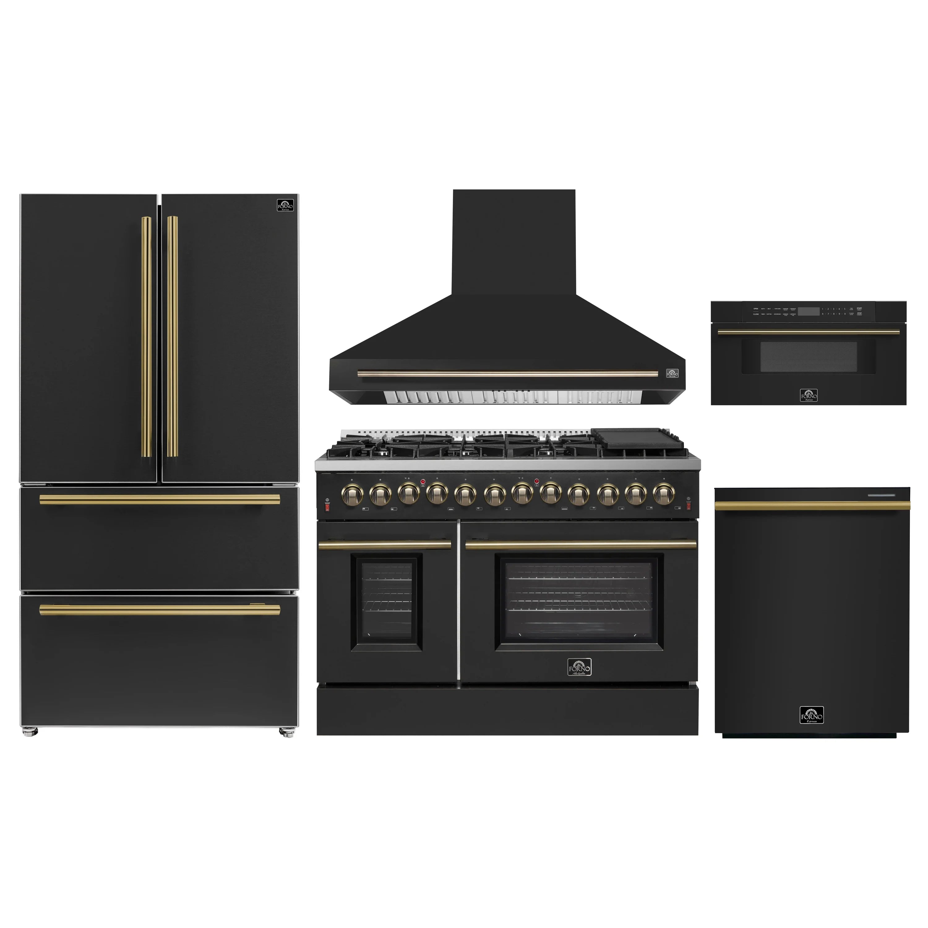 Black 5-piece kitchen appliance set with range, hood, fridge, dishwasher, microwave