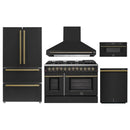 Forno 5-Piece Appliance Package - 48-Inch Dual Fuel Range, Wall Mount Range Hood, 36-Inch Refrigerator, Dishwasher, and 30-Inch Microwave Drawer in Black with Antique Brass Handle