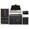 Forno Galiano 5-Piece Appliance Package - 48-Inch Dual Fuel Range, 48-Inch Hood, 36-Inch Refrigerator, 24-Inch Dishwasher, & 24-Inch Microwave Drawer in Black with Antique Brass Trim