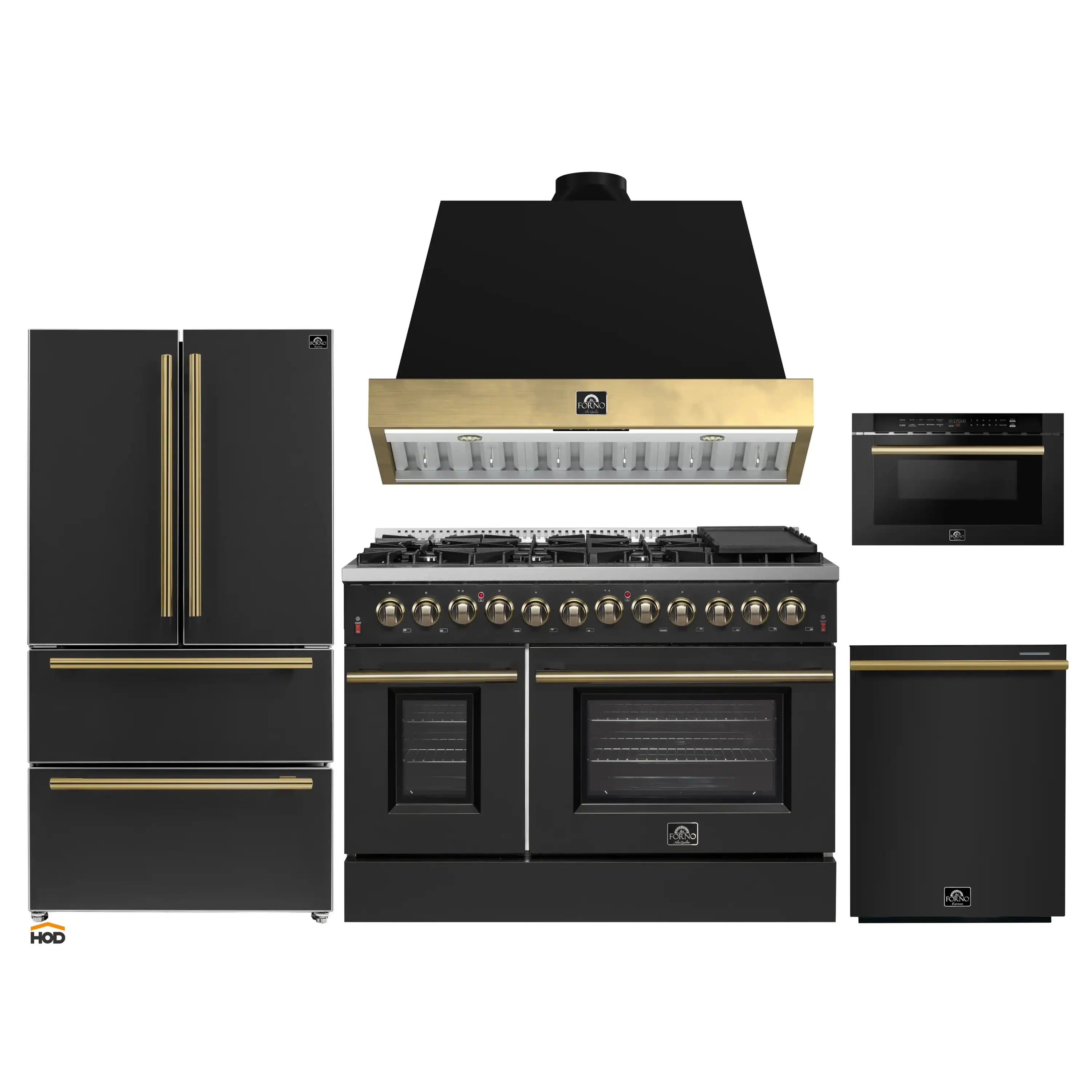 Black appliance package with brass-trim range, hood, refrigerator, and cooktop doors