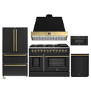 Forno Galiano 5-Piece Appliance Package - 48-Inch Dual Fuel Range, 48-Inch Hood, 36-Inch Refrigerator, 24-Inch Dishwasher, & 30-Inch Microwave Drawer in Black with Antique Brass Trim