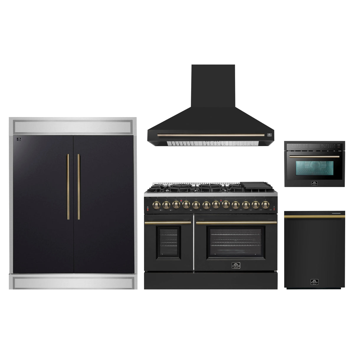 Forno 5-Piece Appliance Package - 48-Inch Dual Fuel Range, Hood, 60-Inch Convertible Refrigerator with Modern Trim, Dishwasher, and 24-Inch Microwave Oven in Black with Antique Brass Trim