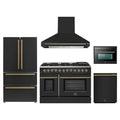 Forno Galiano 5-Piece Appliance Package - 48-Inch Dual Fuel Range, 48-Inch Hood, 36-Inch Refrigerator, 24-Inch Dishwasher, & 24-Inch Microwave Oven in Black with Antique Brass Trim