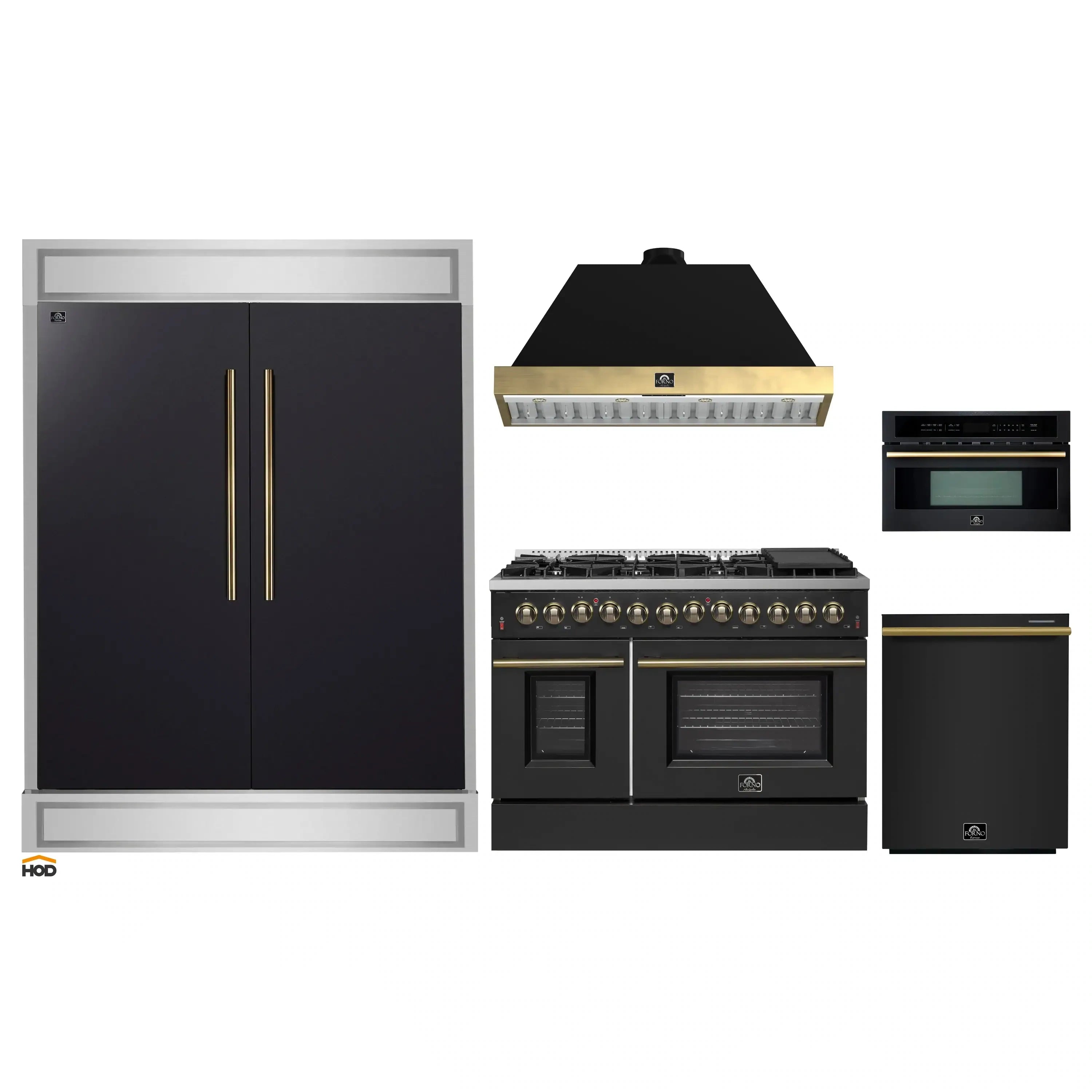 Black appliance package with refrigerator, range, hood, microwave, and dishwasher