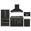 Forno Galiano 5-Piece Appliance Package - 48-Inch Dual Fuel Range, 48-Inch Hood, 36-Inch Refrigerator, 24-Inch Dishwasher, & 30-Inch Microwave Oven in Black with Antique Brass Trim