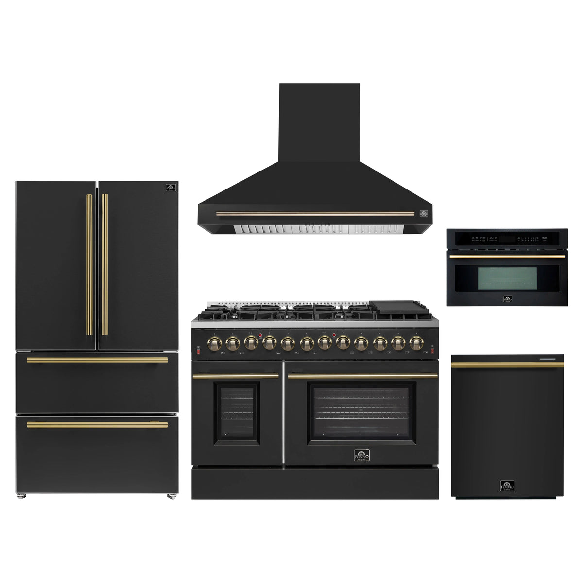 Forno Galiano 5-Piece Appliance Package - 48-Inch Dual Fuel Range, 48-Inch Hood, 36-Inch Refrigerator, 24-Inch Dishwasher, & 30-Inch Microwave Oven in Black with Antique Brass Trim