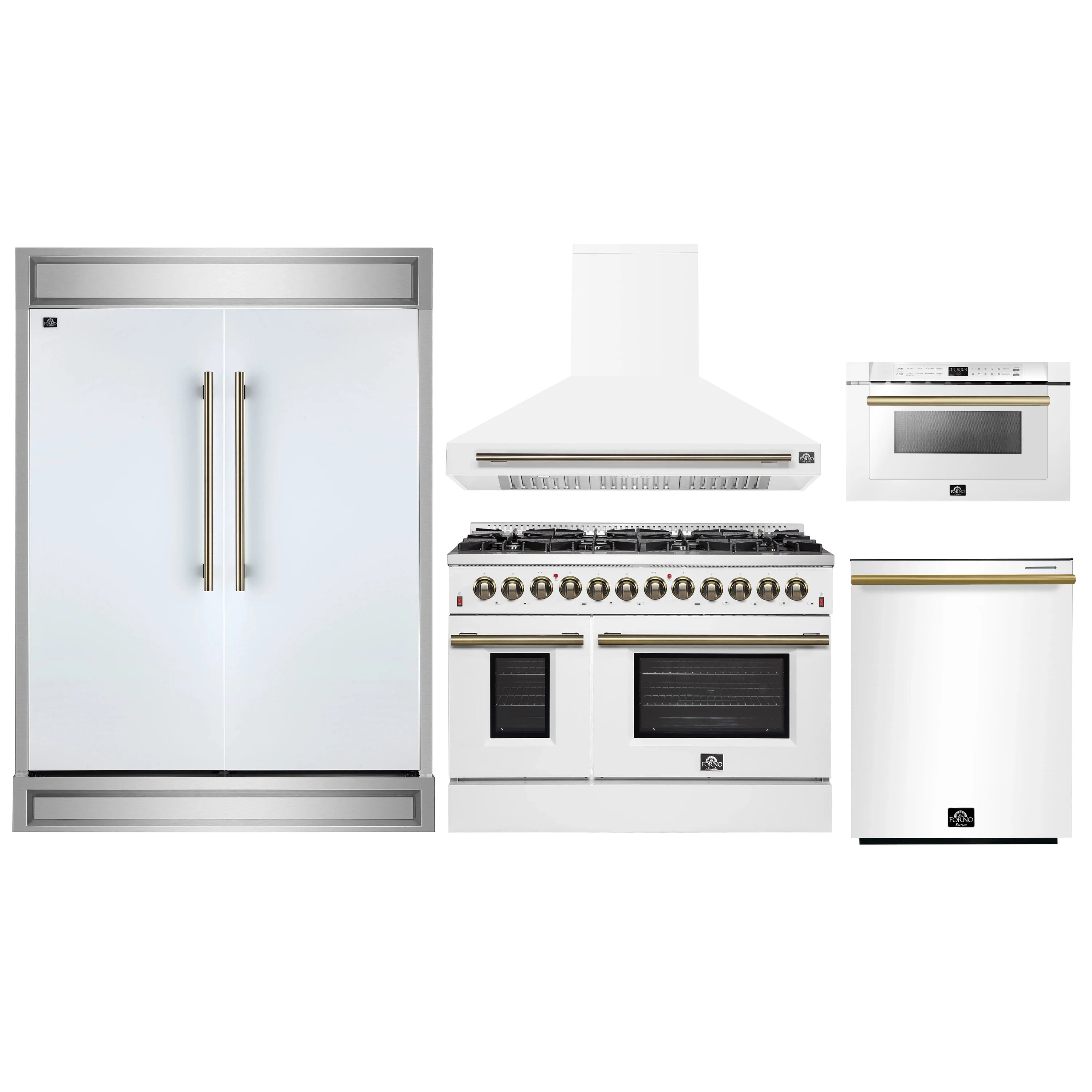 White appliance package: refrigerator, dual fuel range, range hood, and microwave drawer