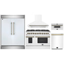 Forno 5-Piece Appliance Package - 48-Inch Dual Fuel Range, Wall Mount Range Hood, 60-Inch Refrigerator, Dishwasher, and 30-Inch Microwave Drawer in White with Antique Brass Handle