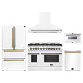 Forno 5-Piece Appliance Package - 48-Inch Dual Fuel Range, Wall Mount Range Hood, 36-Inch Refrigerator, Dishwasher, and 24-Inch Microwave Drawer in White with Antique Brass Trim