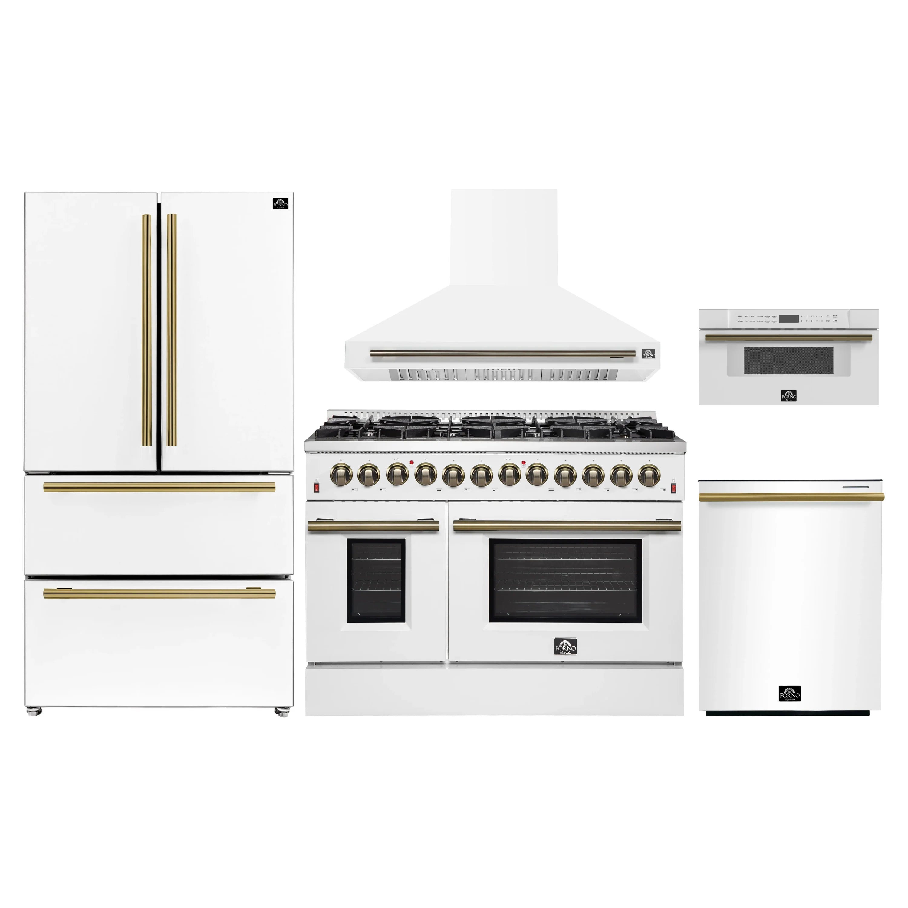 White kitchen appliance set with dual fuel range, refrigerator, hood, and microwave