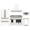 Forno 5-Piece Appliance Package - 48-Inch Dual Fuel Range, Wall Mount Range Hood, 36-Inch Refrigerator, Dishwasher, and 30-Inch Microwave Drawer in White with Antique Brass Trim