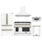 Forno 5-Piece Appliance Package - 48-Inch Dual Fuel Range, Wall Mount Range Hood, 36-Inch Refrigerator, Dishwasher, and 30-Inch Microwave Drawer in White with Antique Brass Trim