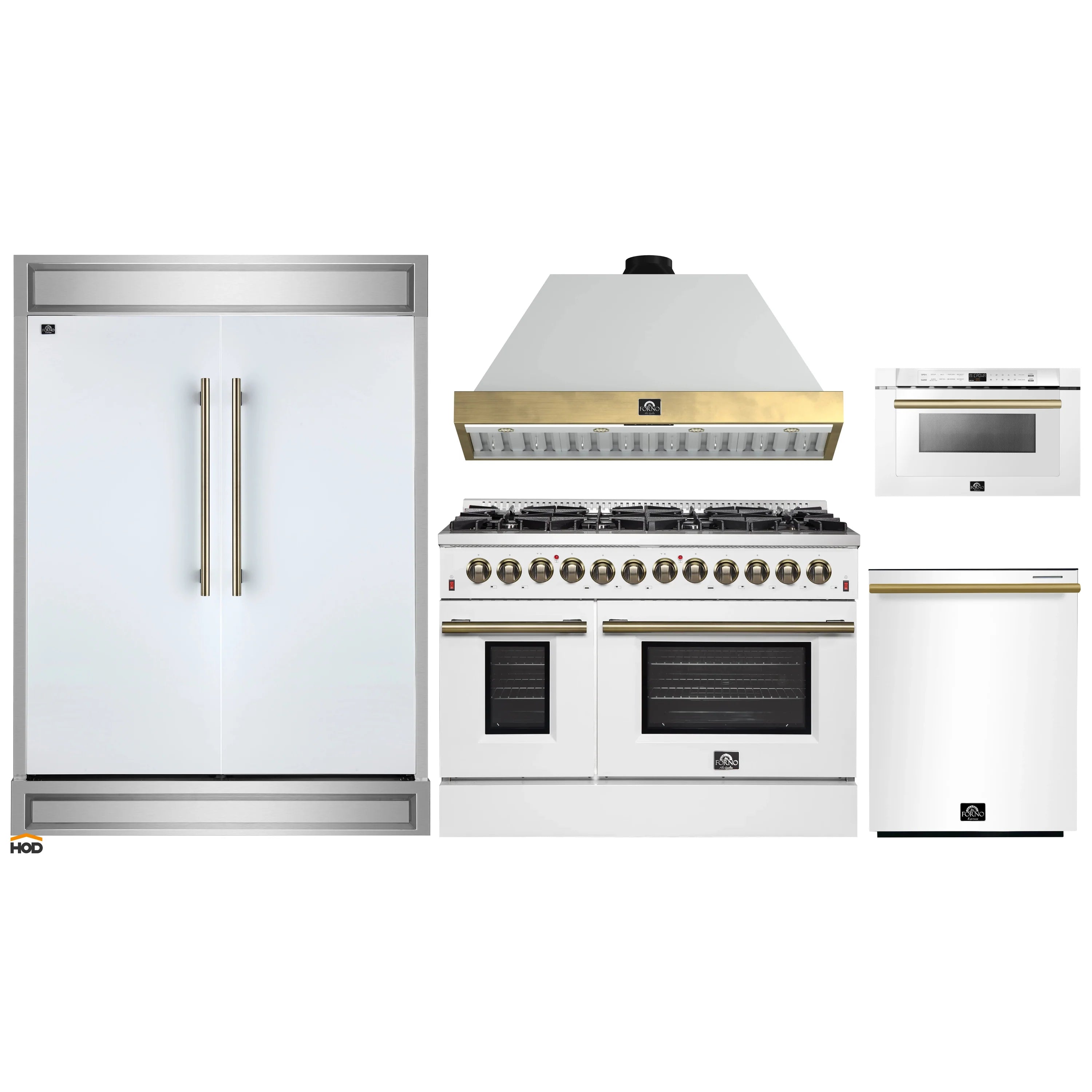 White 5-piece appliance package with dual fuel range, hood, refrigerator, microwave