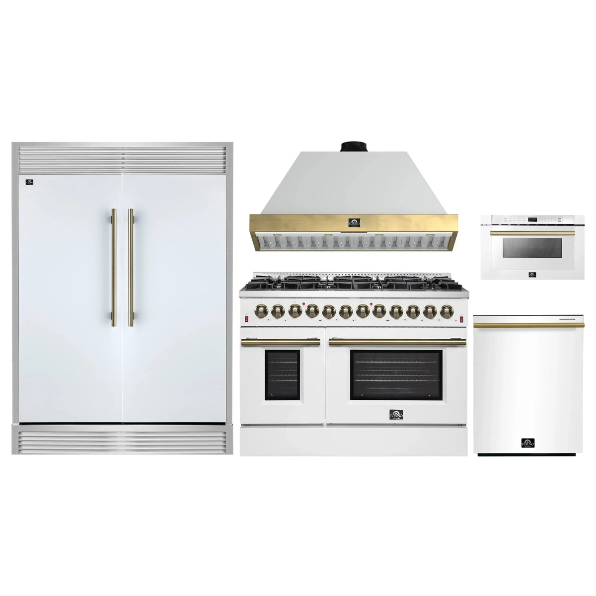 Forno 5-Piece Appliance Package - 48-Inch Galiano Dual Fuel Range, Wall Mount Range Hood, 60-Inch Refrigerator, Dishwasher, & 24-Inch Microwave Drawer in White with Antique Brass Trim