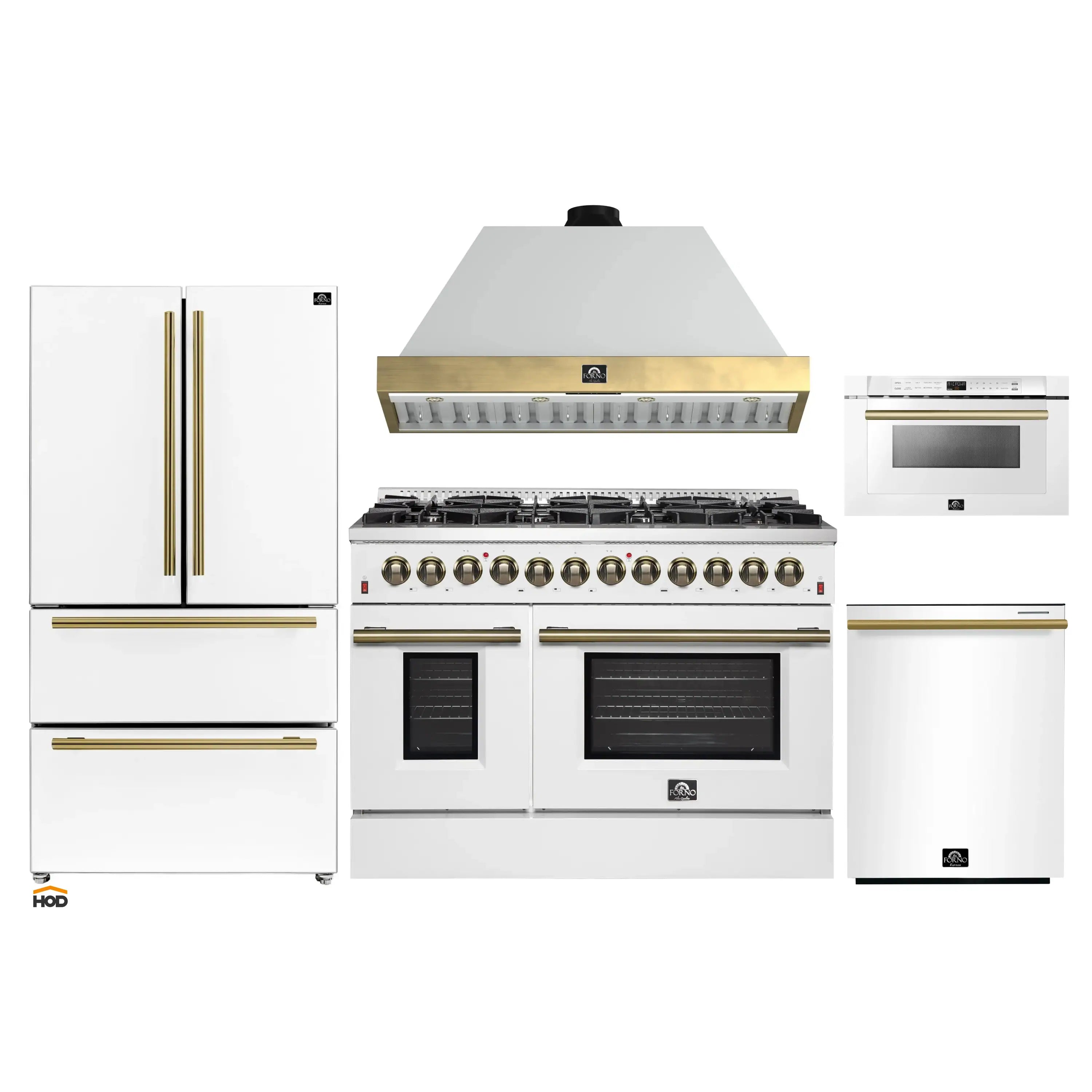 White appliance package with range, hood, refrigerator, microwave drawer, and dishwasher