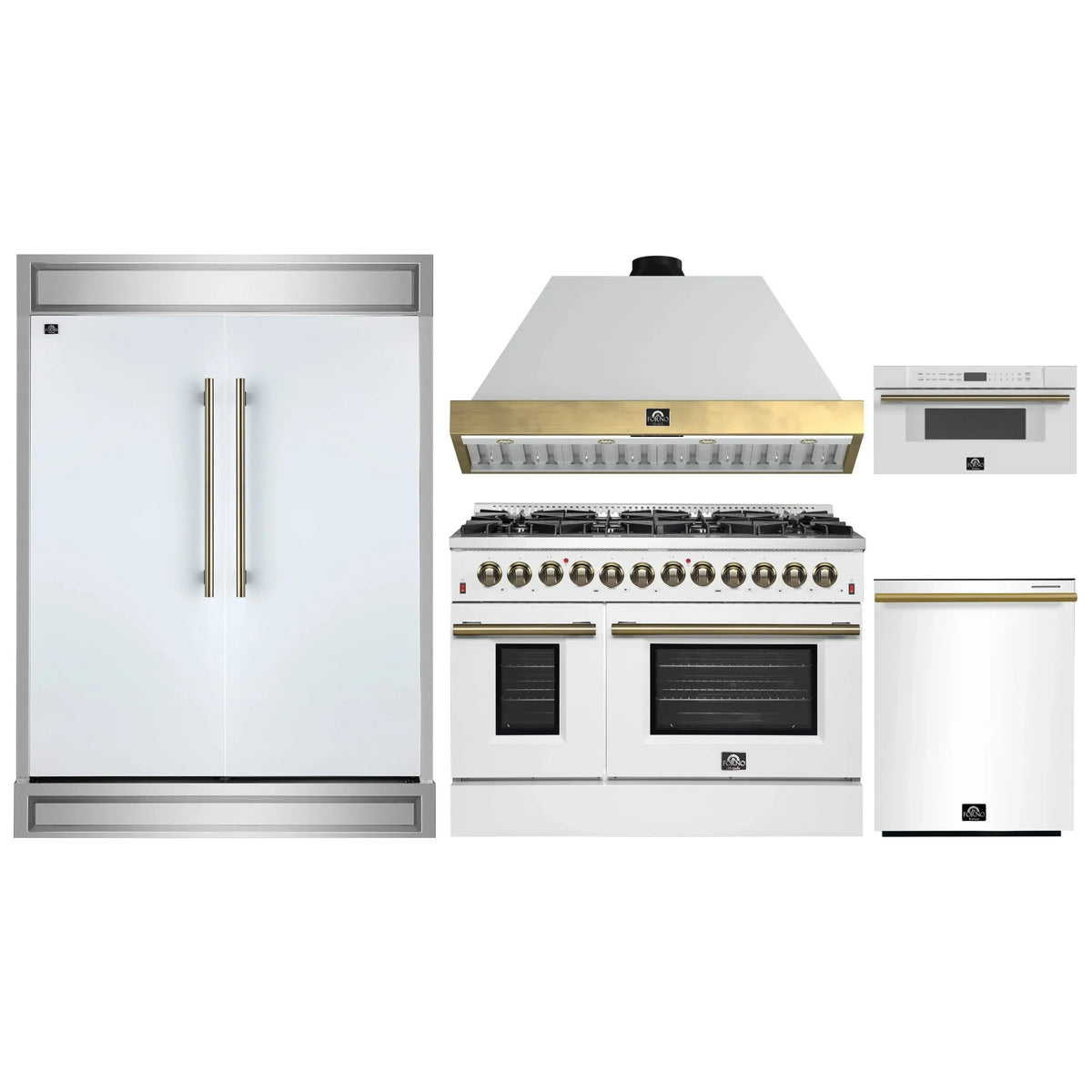 Forno 5-Piece Appliance Package - 48-Inch Dual Fuel Range, Wall Mount Range Hood, 60-Inch Refrigerator, Dishwasher, & 30-Inch Microwave Drawer in White with Antique Brass Trim